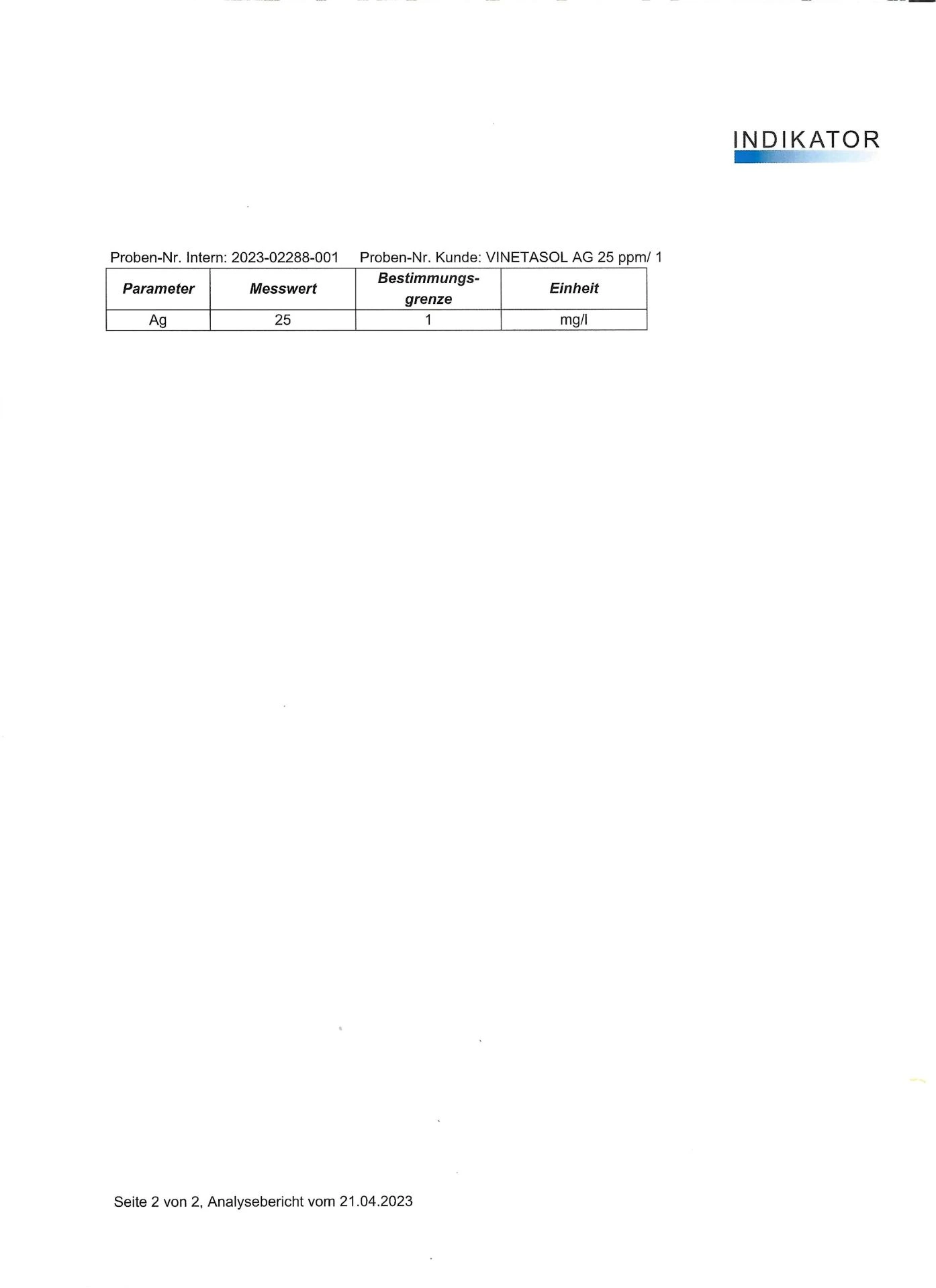 Seite 2 Analysebericht kolloidales Silber 25 ppm Nanodis