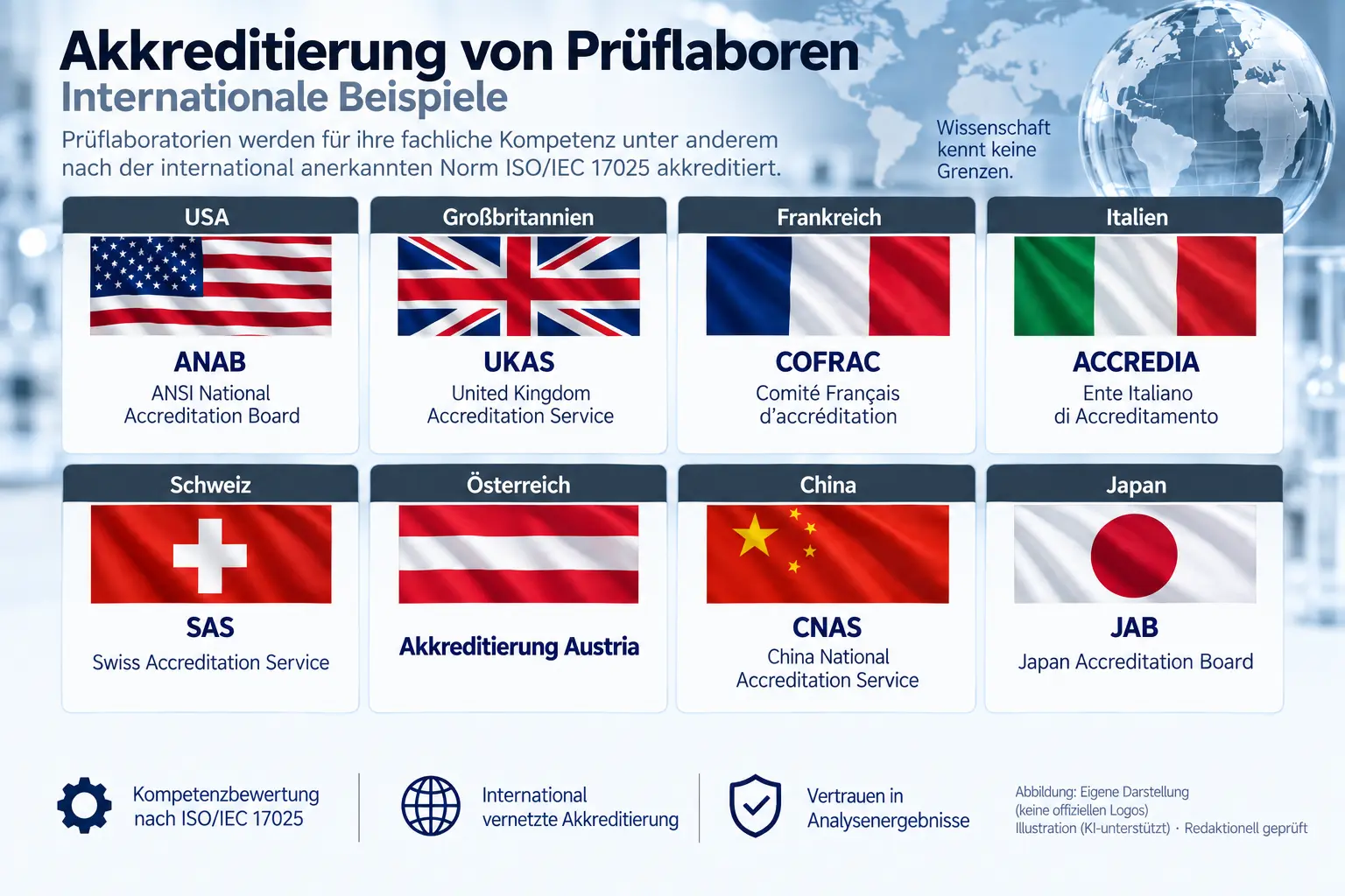 Internationale Akkreditierungsstellen für Prüflabore – Beispiele aus acht Ländern