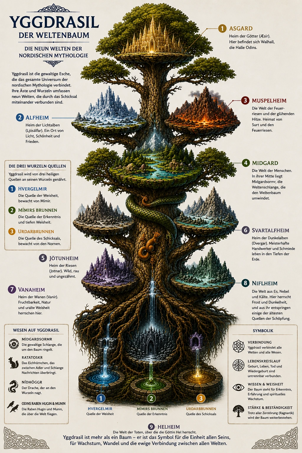 Grafische Darstellung von Yggdrasil mit den neun Welten der nordischen Mythologie