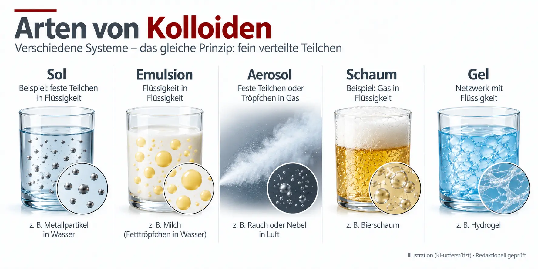 Arten von Kolloiden: Sol, Emulsion, Aerosol, Schaum und Gel im Vergleich