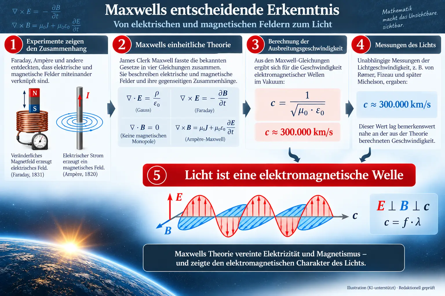 Infografik zu Maxwells Berechnung der Ausbreitungsgeschwindigkeit elektromagnetischer Wellen und ihrer Übereinstimmung mit der Lichtgeschwindigkeit