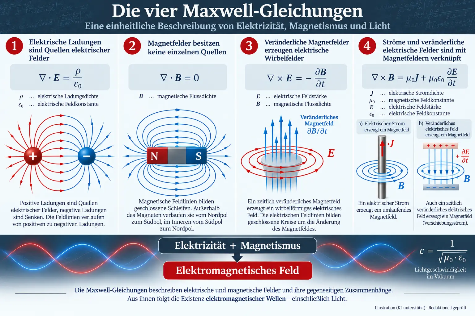 Die vier Maxwell-Gleichungen mit schematischen Darstellungen elektrischer und magnetischer Felder