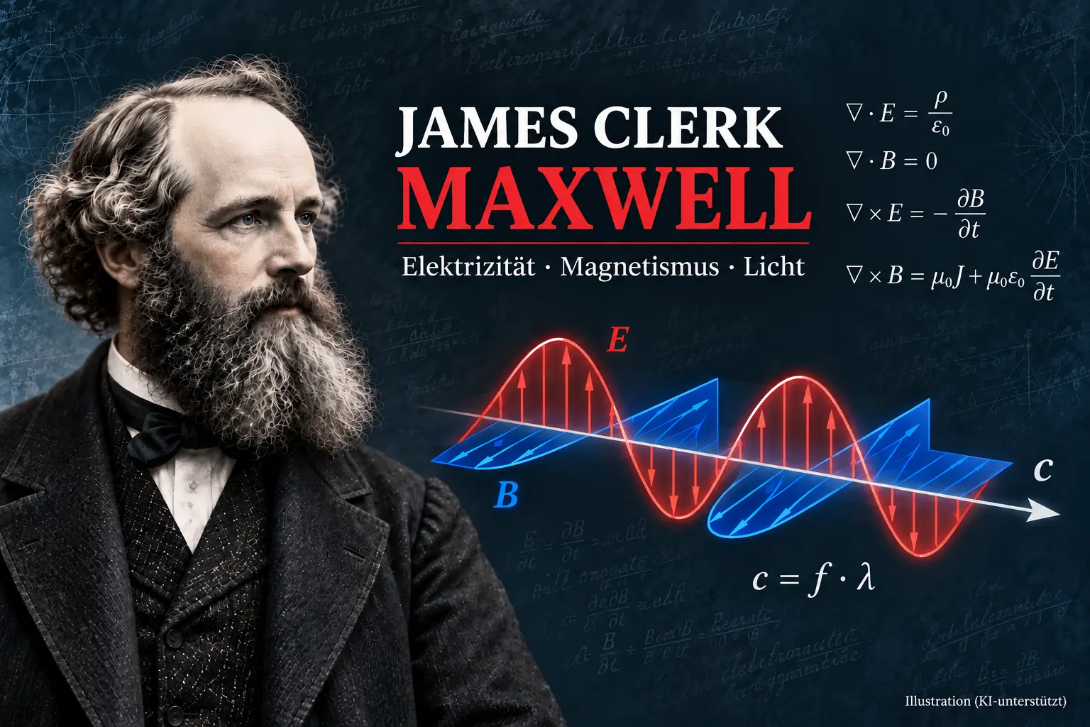 James Clerk Maxwell mit Maxwell-Gleichungen und Darstellung einer elektromagnetischen Welle