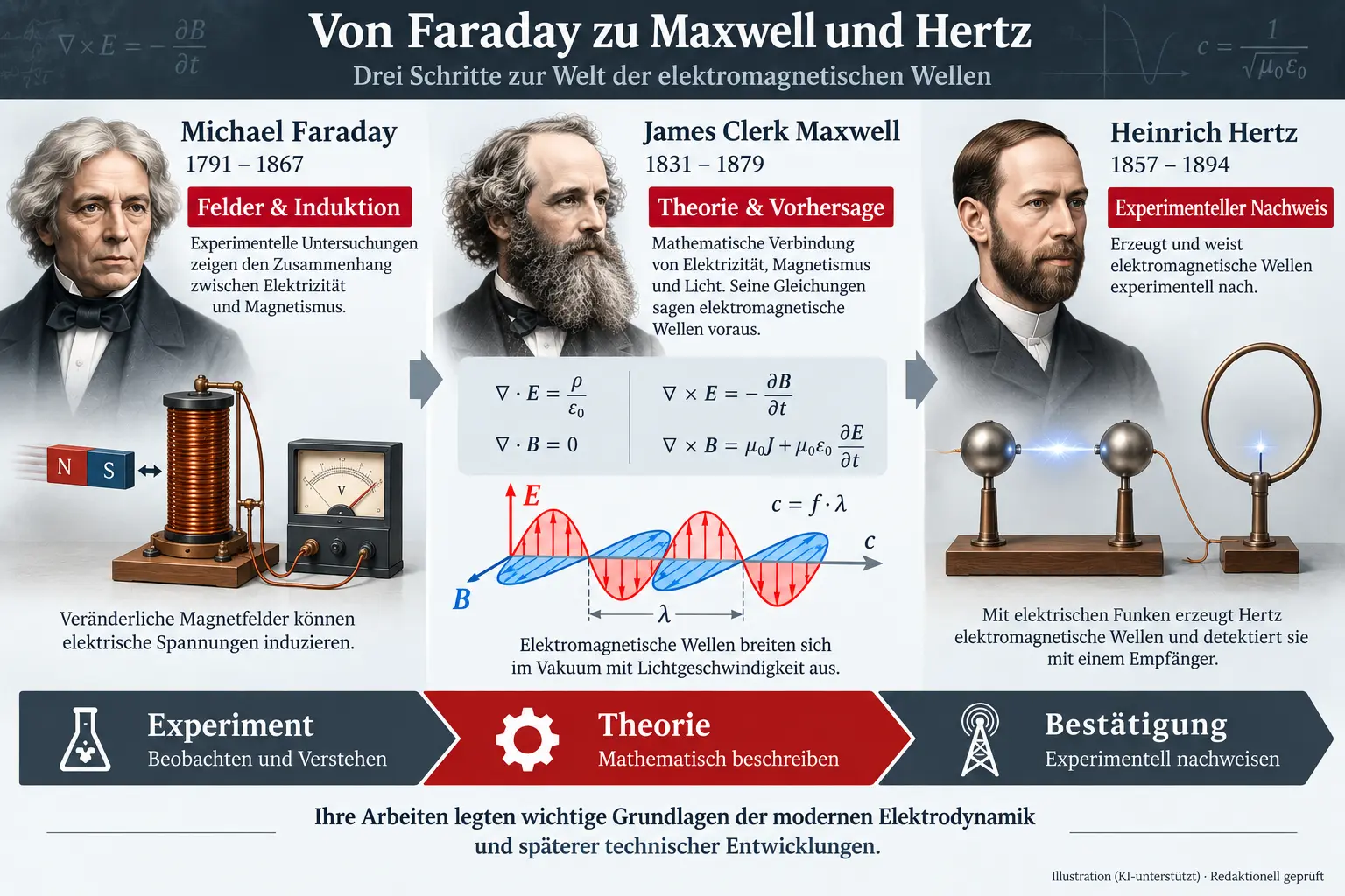 Infografik zur Entwicklung von Faradays Experimenten über Maxwells Theorie bis zu Hertz' Nachweis elektromagnetischer Wellen