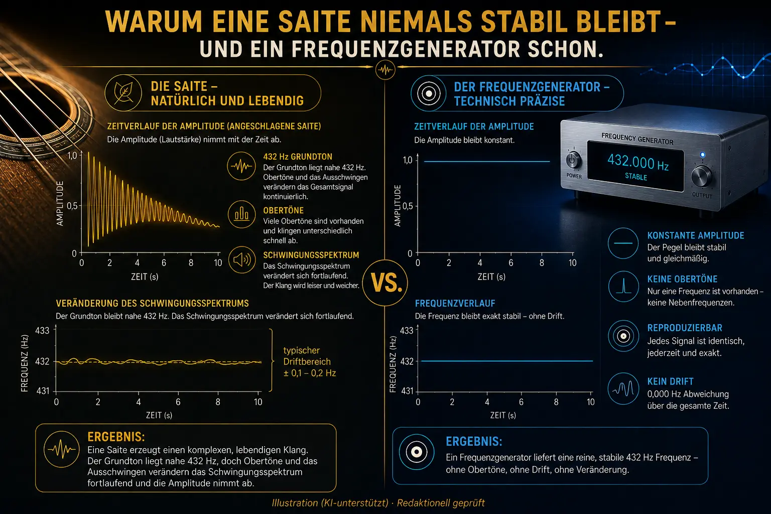 Vergleich Musikinstrument und Frequenzgenerator für 432 Hz