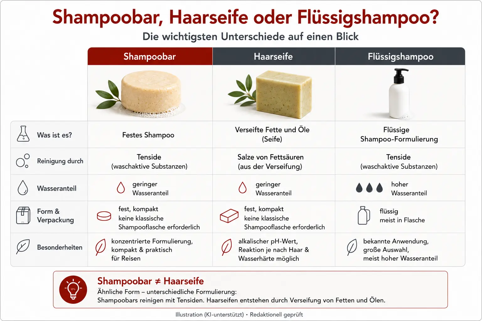 Shampoobar, Haarseife und Flüssigshampoo im Vergleich