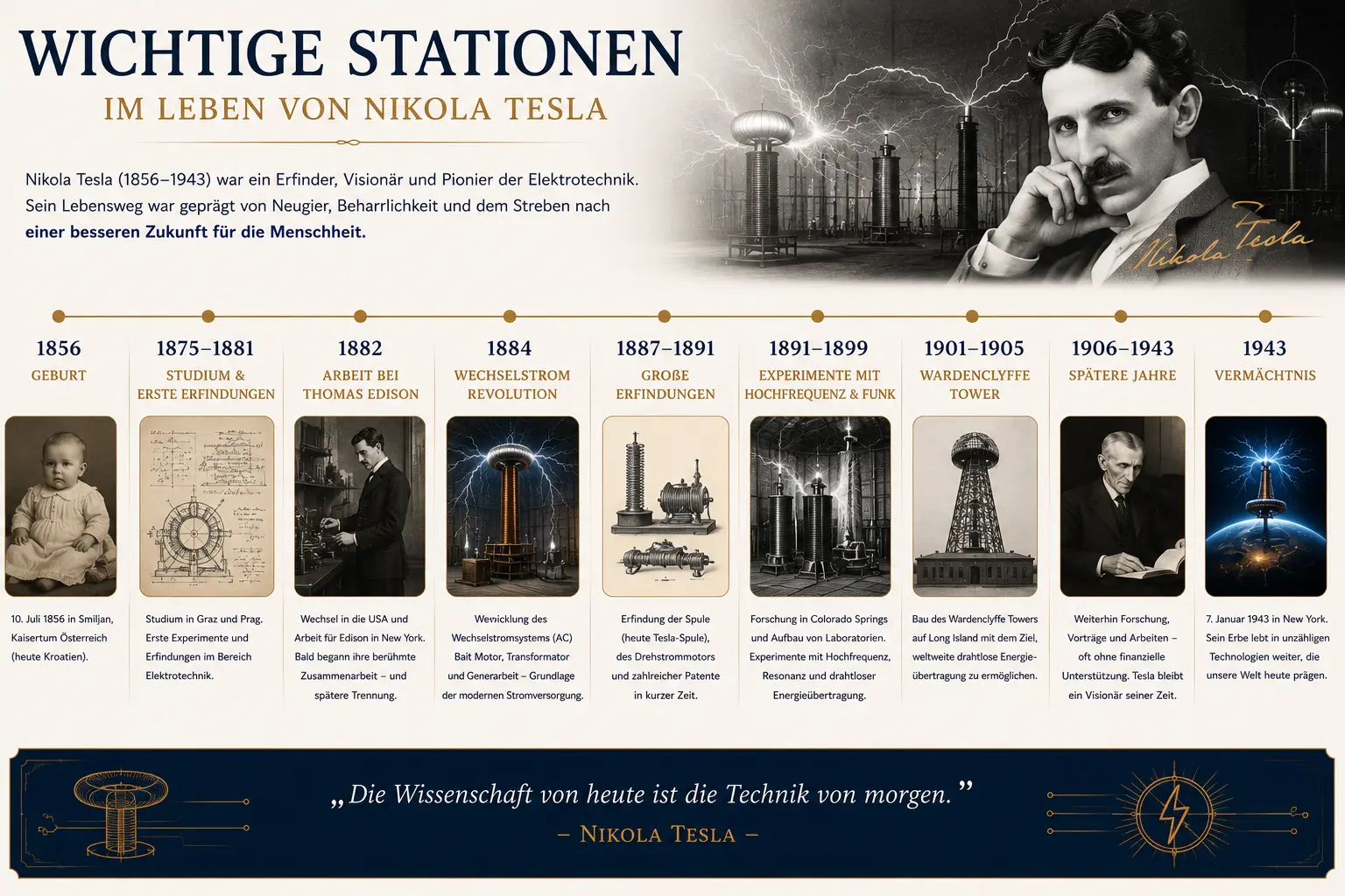 Wichtige Stationen im Leben von Nikola Tesla