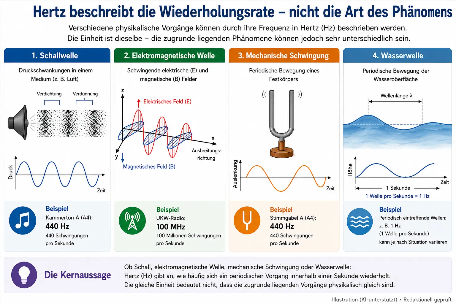 Verschiedene physikalische Vorgänge, deren Frequenz in Hertz beschrieben werden