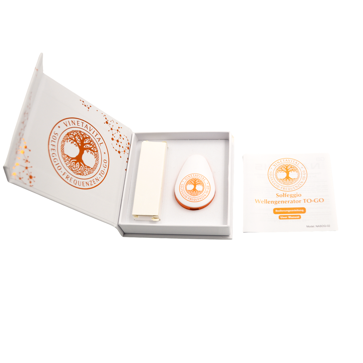 Solfeggio Wellengenerator in Verpackung mit Bedienungsanleitung
