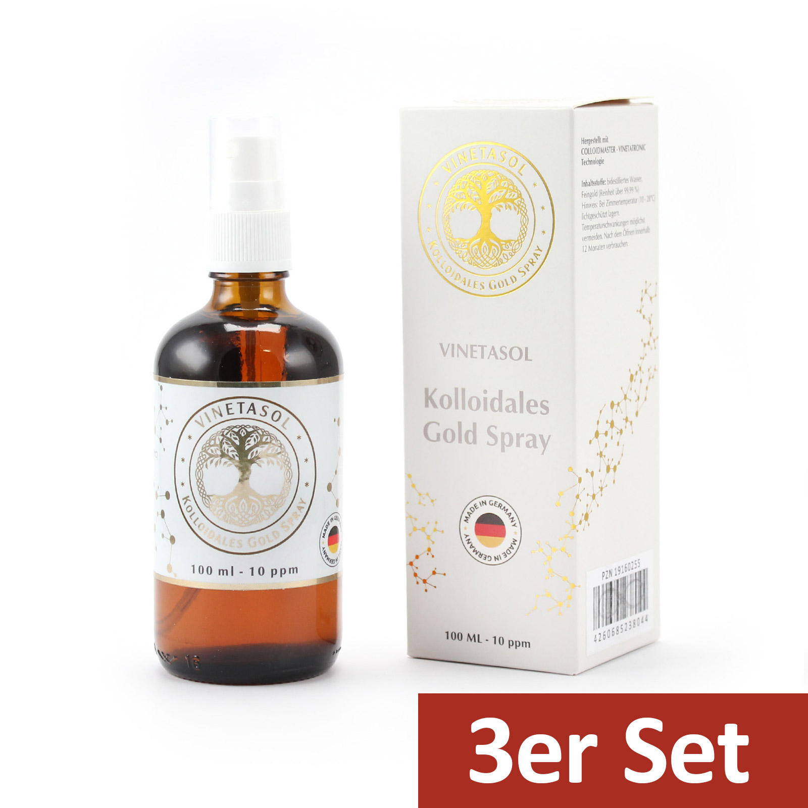 VINETASOL - SET - Kolloidales Gold 10ppm / 3x 100 ml Sprüh