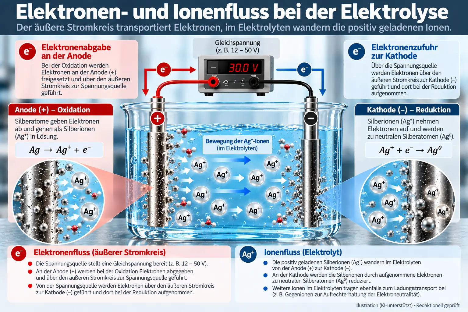 Elektronen- und Ionenfluss bei der Niederspannungselektrolyse
