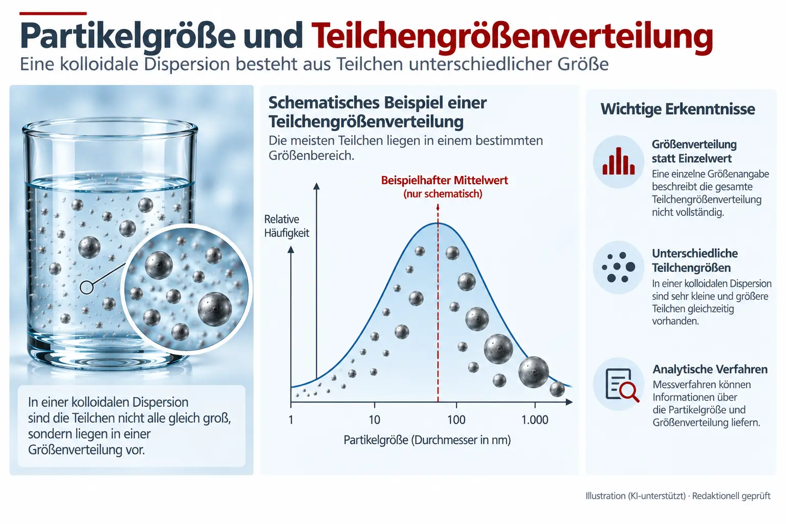 Schematische Teilchengrößenverteilung einer kolloidalen Dispersion mit unterschiedlich großen Partikeln