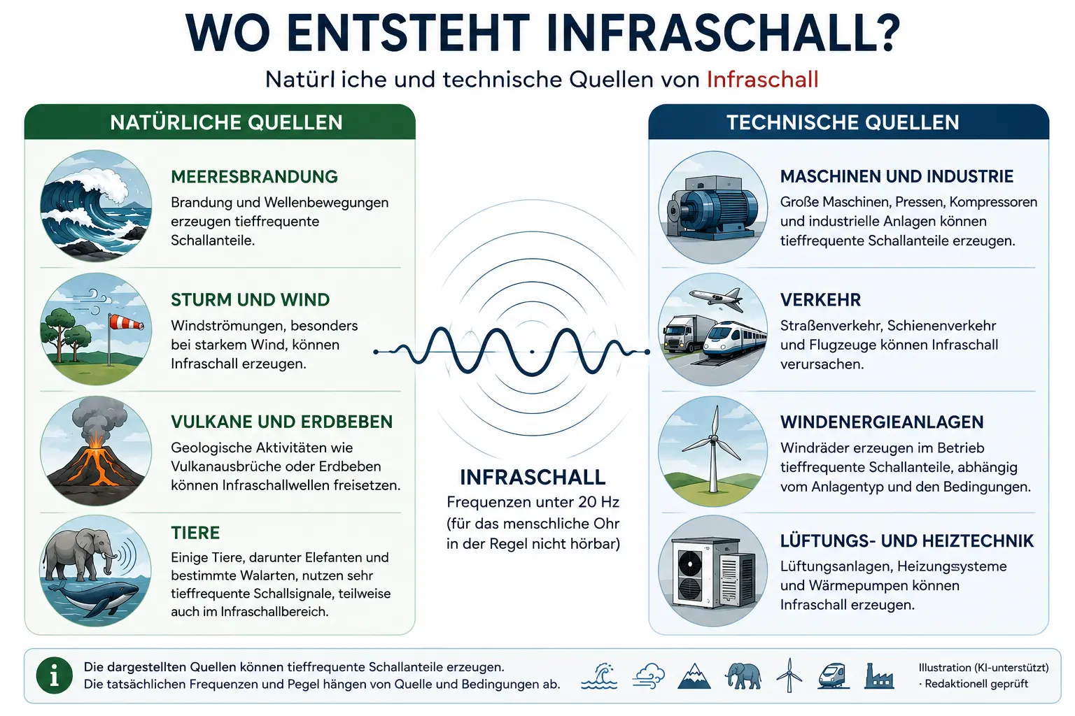 Übersicht natürlicher und technischer Quellen von Infraschall