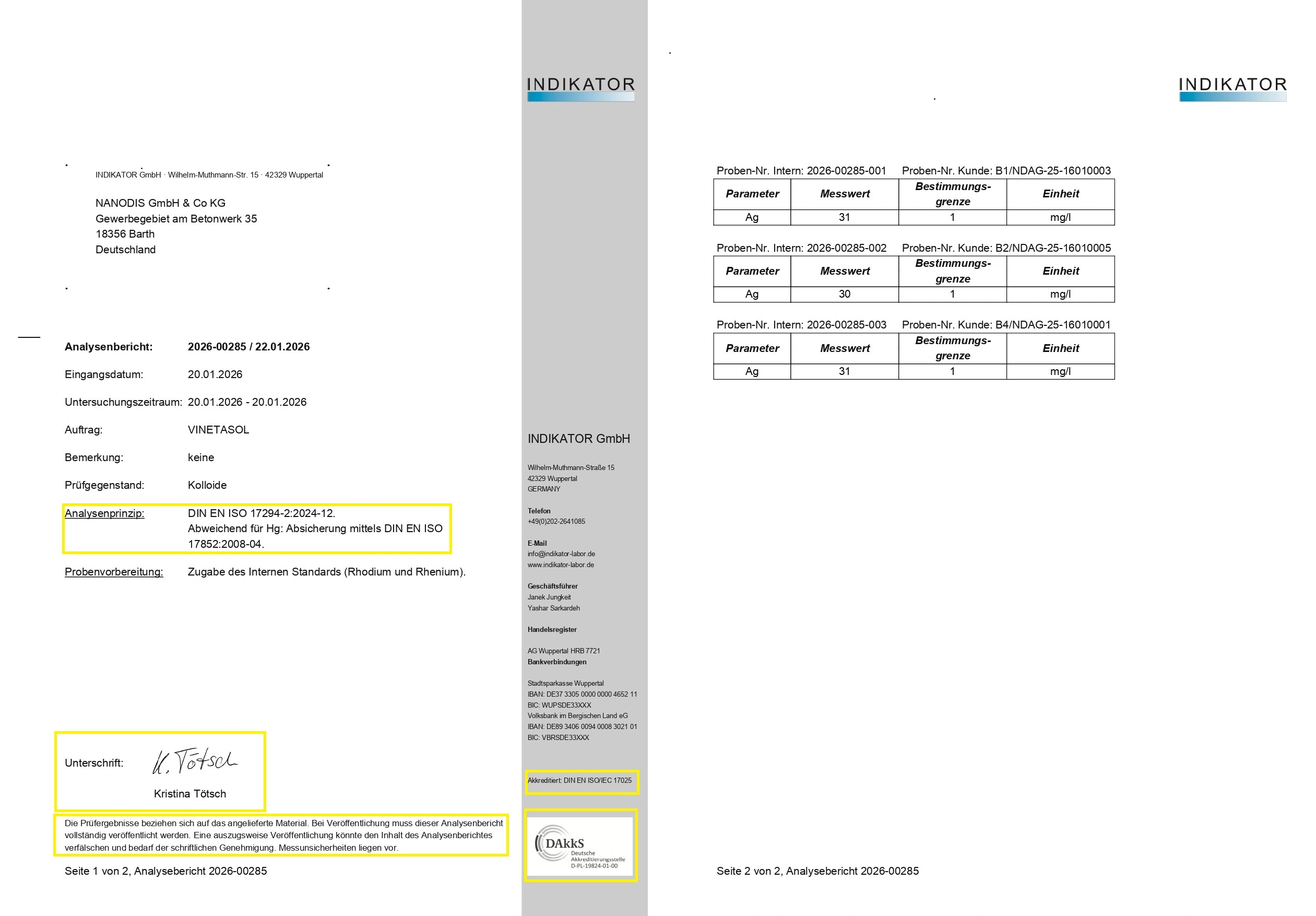 Prüfbericht kolloidales Silber 25 ppm