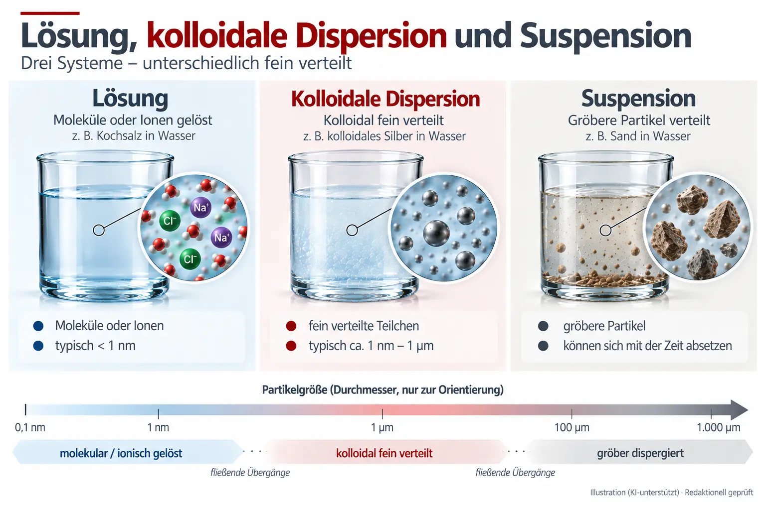 Unterschied zwischen Lösung, kolloidaler Dispersion und Suspension mit Partikelgrößen im Vergleich