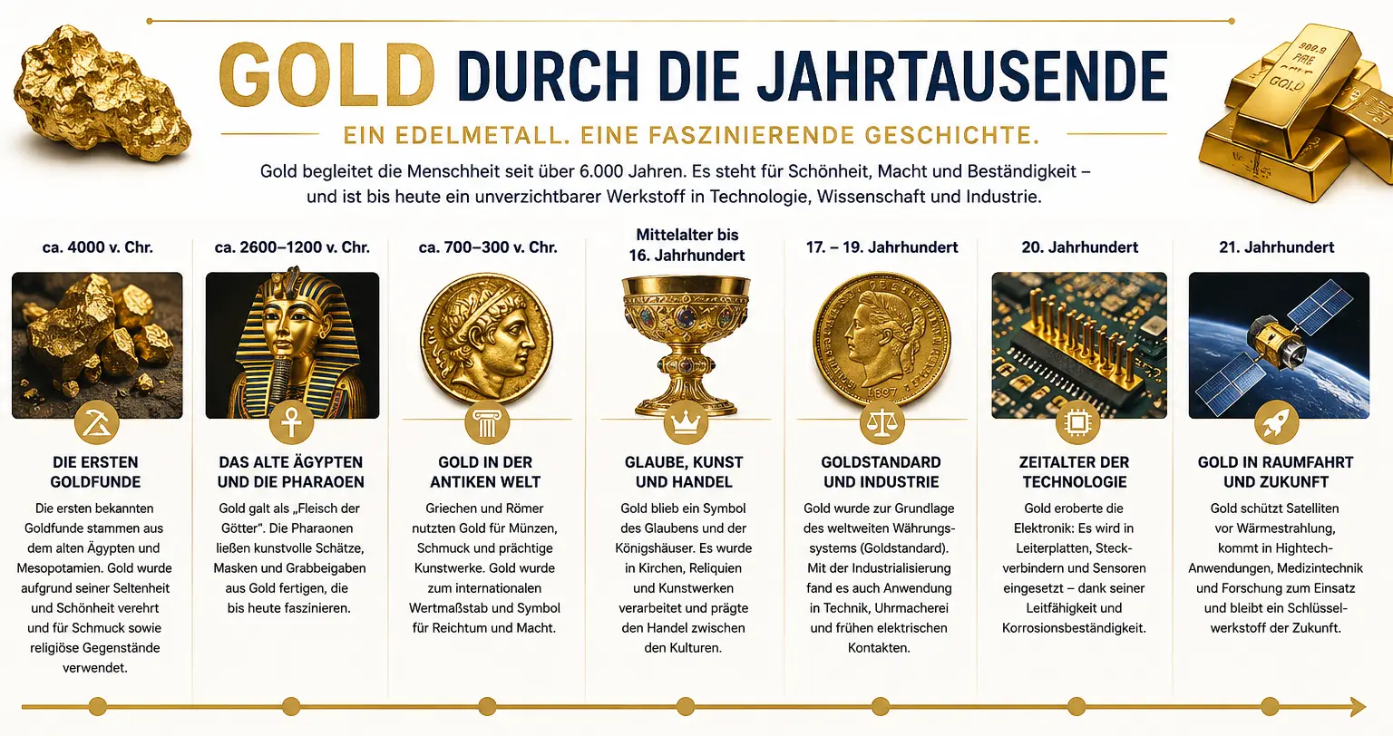 Die Geschichte von Gold anhand eines Zeitstrahls