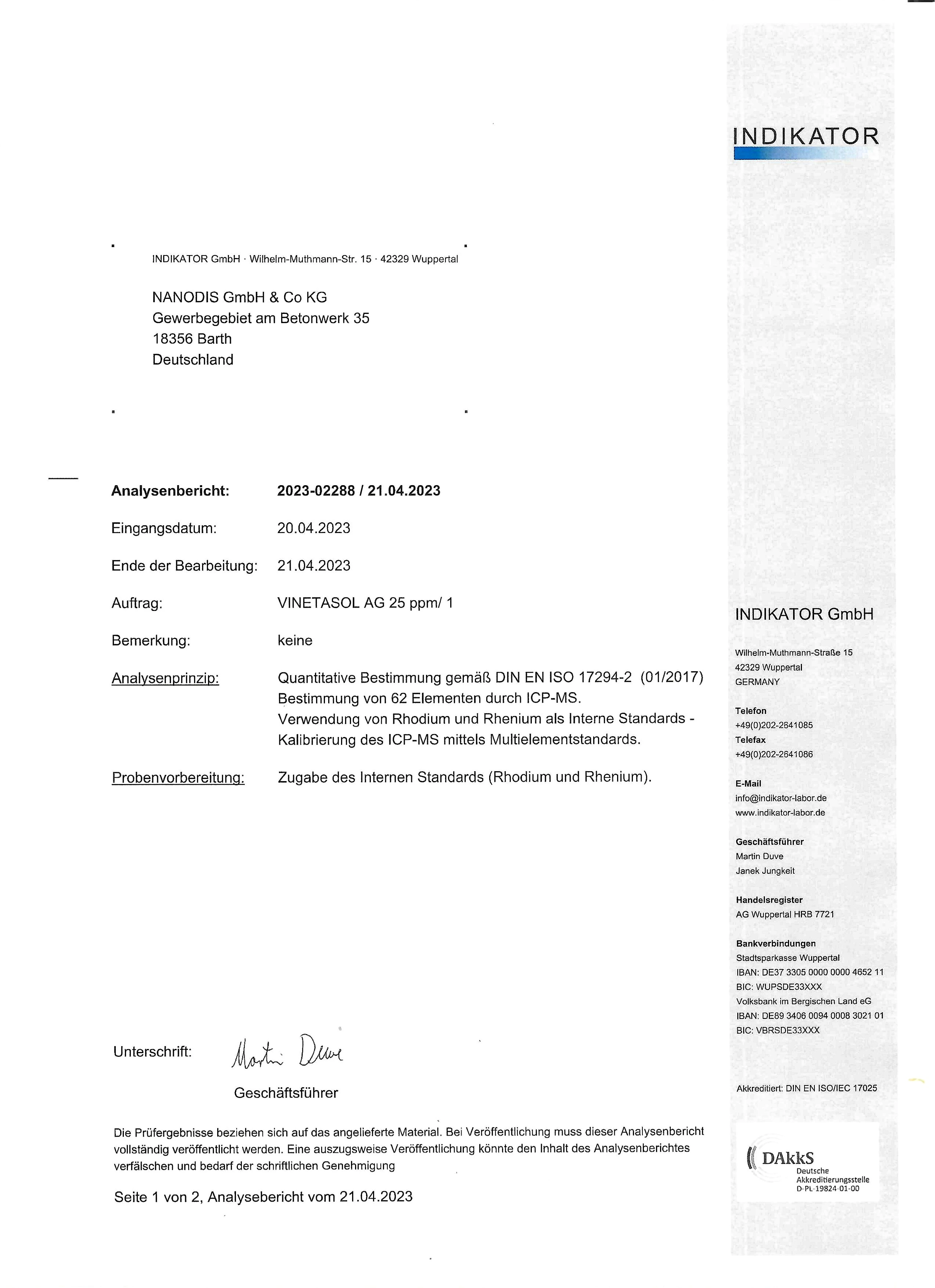 Analysebericht kolloidales Silber 25 ppm Nanodis